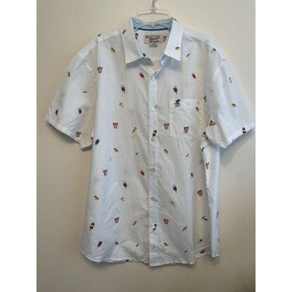 Original Penguin White Casual Button Down Shirt with Multicolor Print - Picture 1 of 8